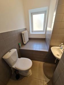 ein Bad mit einem WC, einem Waschbecken und einem Fenster in der Unterkunft Fantastic Mokotow - FMG Pokoj M in Warschau