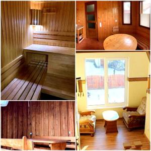 un collage de cuatro fotos de una habitación con madera en Гармонія, en Skhidnytsya