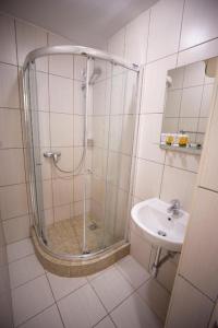 a bathroom with a shower and a sink at Taujėnų dvaro svečių namai in Towiany