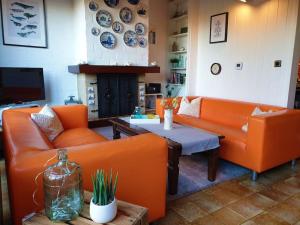 a living room with two orange couches and a table at Welkom in DeKreek V59, dem freundlichen Ferienhaus in Bruinisse