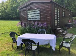 a table with four chairs and a small cabin at le chalet de Lola in Saint-Michel