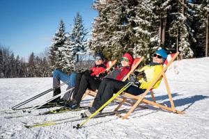 een groep van drie personen zittend in stoelen in de sneeuw bij Gasthof Pension Orthofer in Sankt Jakob im Walde