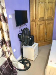 a room with a fan and a tv and a bedroom at Le Caire قاهرة in Rufisque