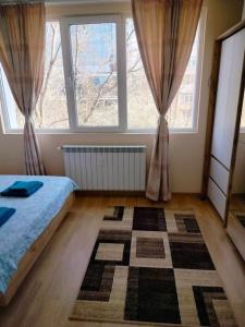a bedroom with a bed and two windows at Alinik Apartment in Sofia