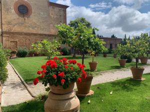 a garden with red flowers inront of a building at Fattoria Monastero Sant'Anna in Camprena in Pienza
