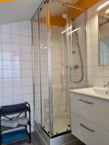 ein Bad mit einer Dusche und einem Waschbecken in der Unterkunft studio d'henri in Agen