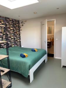 een slaapkamer met een groen bed met gele kussens erop bij Sfeervol guesthouse, privé tuin en free parking in Rotterdam