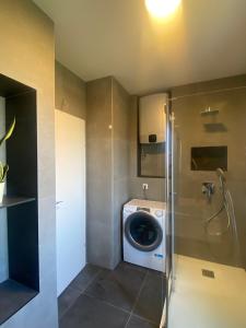 a bathroom with a washing machine and a shower at Apartments Marina in Petrcane