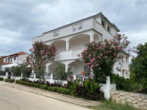 un bâtiment blanc avec des fleurs en face d'une rue dans l'établissement Apartments Marina, à Petrčane