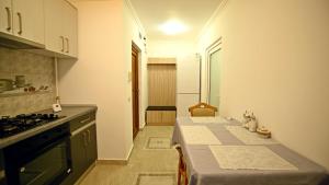 a small kitchen with a counter and a stove at Apartament Trandafirilor in Haţeg