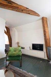 ein Wohnzimmer mit einem grünen Stuhl und einem TV in der Unterkunft Le Grand Amerval in Nancy
