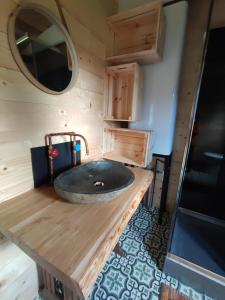 ein Badezimmer mit einem Waschbecken auf einer Holztheke in der Unterkunft Ma roulotte adorée in Bissières