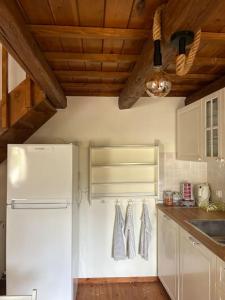 a kitchen with a white refrigerator and wooden ceilings at Cozy village house in Ano Asites in Áno Asítes