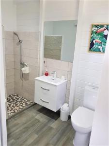 a bathroom with a toilet and a sink and a shower at Ti Kaz Karaib in Trois-Rivières