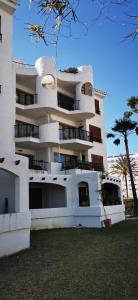 a large white building with a palm tree in front of it at Apartment AlcudiaMar in Alcudia
