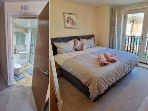two pictures of a bedroom with a bed and a bathroom at Luxury Spacious Apartment- Sleeps 4 Loughborough in Loughborough