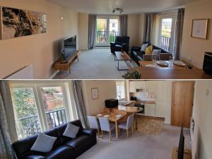 two pictures of a living room and a dining room at Luxury Spacious Apartment- Sleeps 4 Loughborough in Loughborough