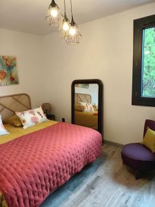 a bedroom with a bed with a large mirror at Maison DEPALE in Sérignan