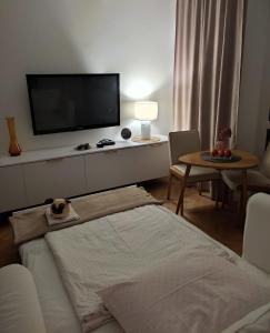 salon z łóżkiem i telewizorem z płaskim ekranem w obiekcie Podwale w Łańcucie