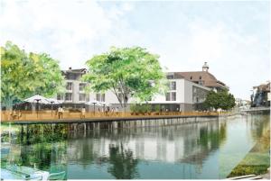 eine architektonische Darstellung eines Flusses mit einem Gebäude in der Unterkunft Hotel Aare Thun in Thun