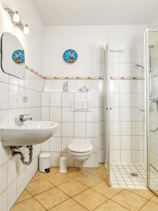 ein Bad mit einem WC, einem Waschbecken und einer Dusche in der Unterkunft Reethus Blinkfüer in Timmendorf
