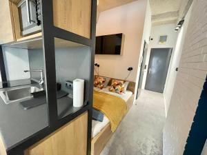 a room with a bed and a sink and a mirror at INBP110 Studio Apartment #freeparking in Budapest