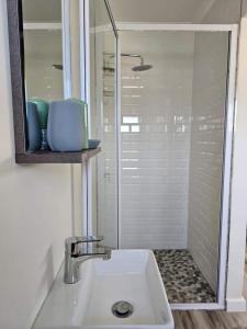La salle de bains est pourvue d'une douche et d'un lavabo blanc. dans l'établissement Corner Cottage, au Cap