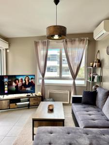 een woonkamer met een bank en een tv bij Très bel appartement dans résidence avec piscine à 5min des plages de Villeneuve Loubet. in Villeneuve-Loubet