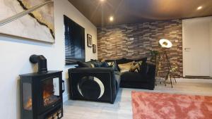 a living room with a couch and a fireplace at Lyme View Lodge in Trent Vale