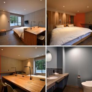 three pictures of a bedroom with a bed and a sink at Shin Toji Hotel Lulud in Nakanojo