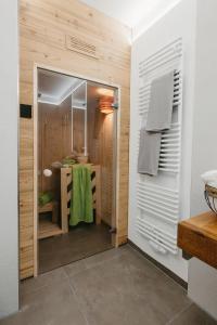 baño con ducha y puerta de cristal en FEWO Immenstadt en Immenstadt im Allgäu