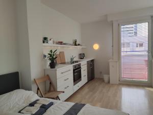 a white kitchen with a sink and a stove at Studio mit Terrasse in zentraler Lage in Graz +17 photos
