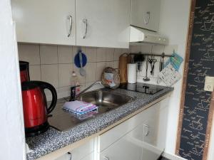 a kitchen counter with a sink and a red kettle at Ferienwohnung Mira in Cottbus