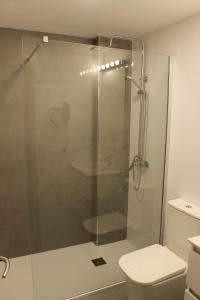 a glass shower in a bathroom with a toilet at Hotel Hollywood in Cangas de Morrazo