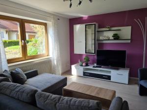 ein Wohnzimmer mit einem Sofa und einem TV in der Unterkunft Ferienwohnung Chrissi in Bischofsheim an der Rhön