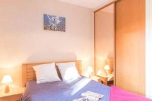 um quarto com uma cama azul e 2 almofadas em Cocoon with garden and beautiful mountain view em Le Monêtier-les-Bains