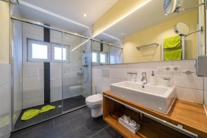 een badkamer met wastafel, douche en toilet bij Ferienhof Berger UG in Hagnau +59 foto's