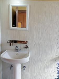Un baño con un lavabo y un espejo en la pared. en Magvaris Comfort Inn, en Shillong