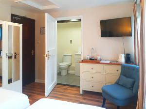 a bedroom with a toilet and a blue chair at Thatched Cottage Hotel in Brockenhurst