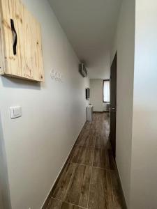 a hallway with white walls and a wooden floor at Superbe appartement à 15min de Lyon in Saint-Fons