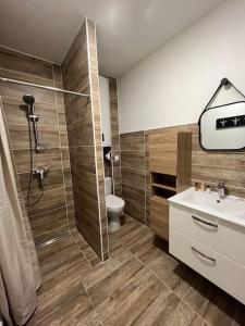 a bathroom with a shower and a sink and a toilet at Superbe appartement à 15min de Lyon in Saint-Fons