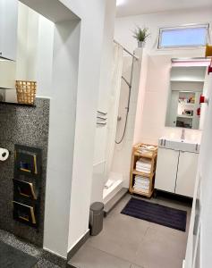 La salle de bains est pourvue d'une douche et d'un lavabo. dans l'établissement Smart Apartment, à Zagreb