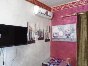 a living room with a tv and flowers on the wall at City Hostel in Cairo