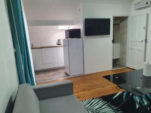 ein Wohnzimmer mit einem Sofa und einem Kühlschrank in der Unterkunft Joli studio/Bourget/CDG/PARIS in Aulnay-sous-Bois