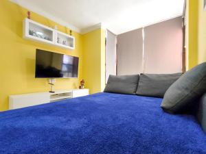 a bedroom with a large blue bed and a flat screen tv at Apartamento en Calle Heraclio Sánchez in Las Lagunas