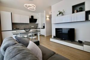 uma sala de estar com um sofá e uma televisão em Blu Homes Apartments EfStyle Hotel em Lido di Jesolo