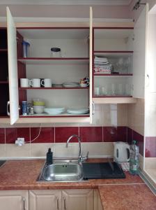 eine Küche mit weißen Schränken und einem Waschbecken in der Unterkunft Budapest Airport Apartment in Budapest