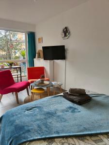 een slaapkamer met een bed en twee stoelen en een televisie bij LE GARDEN CENTRAL STUDIO in Dinan