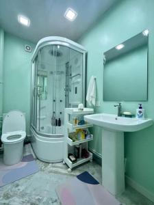 a bathroom with a shower and a sink and a toilet at Newly renovated rental unit with free parking in Ulaanbaatar