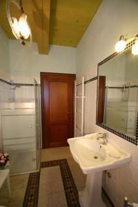 a bathroom with a sink and a shower and a mirror at Locanda Donna Laura in Imola